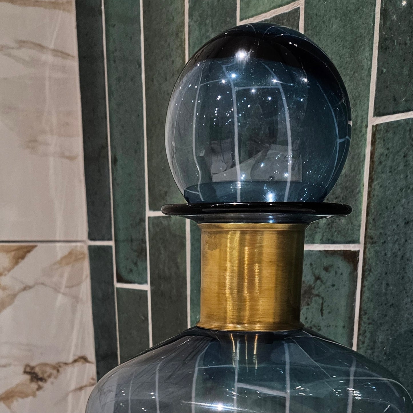 Large Blue Glass Apothecary Bottle with Brass Neck