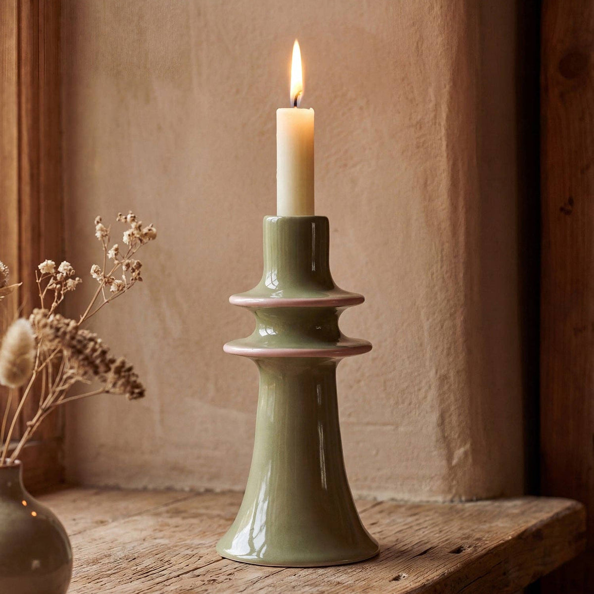 Stoneware Candlestick Holder - Green