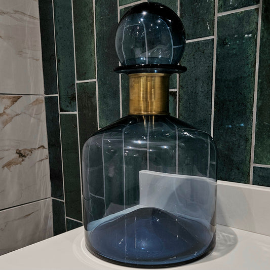 Large Blue Glass Apothecary Bottle with Brass Neck